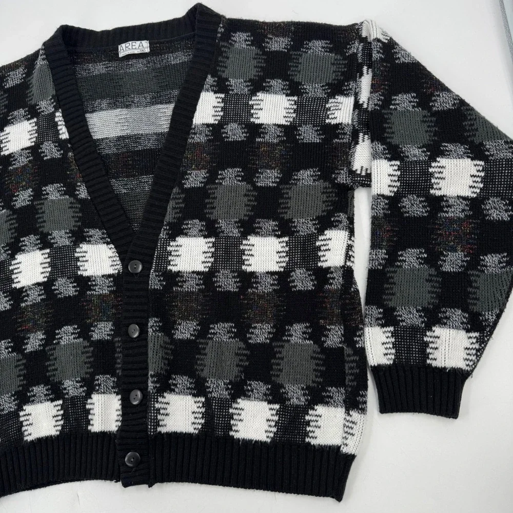 Vintage AREA Black White Gray Plaid Button V Neck Cardigan‎ Sweater Men's Large